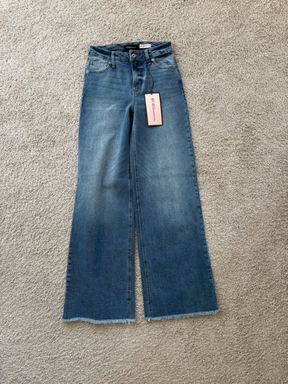 BCBGeneration Medium Blue Wide-Leg Raw Hem Jeans